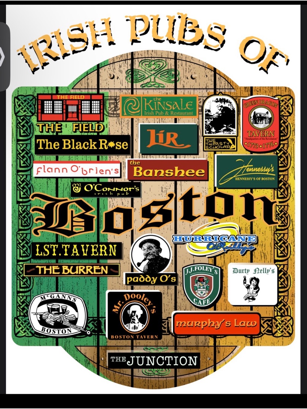 Boston Irish Pubs Short-Sleeve Tee - Hunter Green shirt  with this design on bac